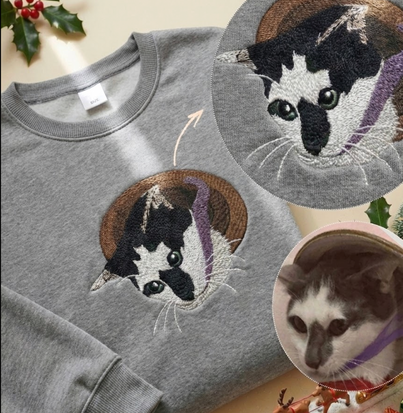 Hình thêu 1 mặt pet siêu chi tiết trên áo nỉ, tặng miễn phí tên/icon trên tay áo.