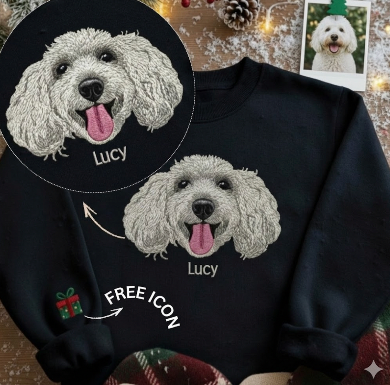 Hình thêu 1 mặt "bé iu" siêu chi tiết trên áo nỉ cổ tròn, miễn phí hình thêu tên/icon trên tay áo