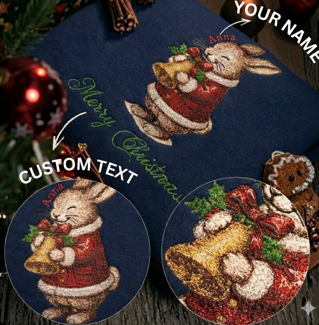 Mẫu thêu Giáng Sinh trên áo nỉ phối cùng chữ Merry Christmas và tên riêng tuỳ chỉnh.