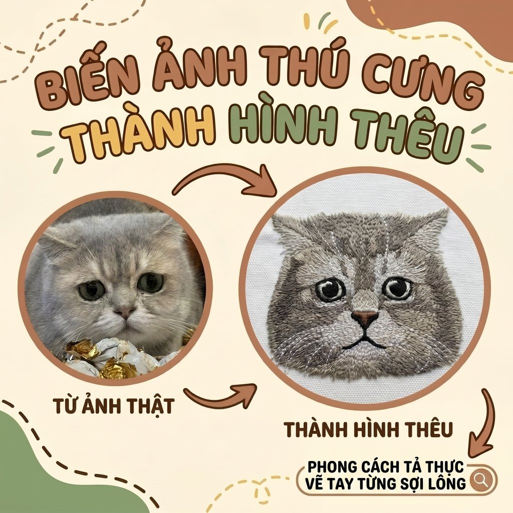 Thêu gảy sợi chi tiết tả thực gương mặt Mèo Vẽ tay chuyển màu lông theo yêu cầu
