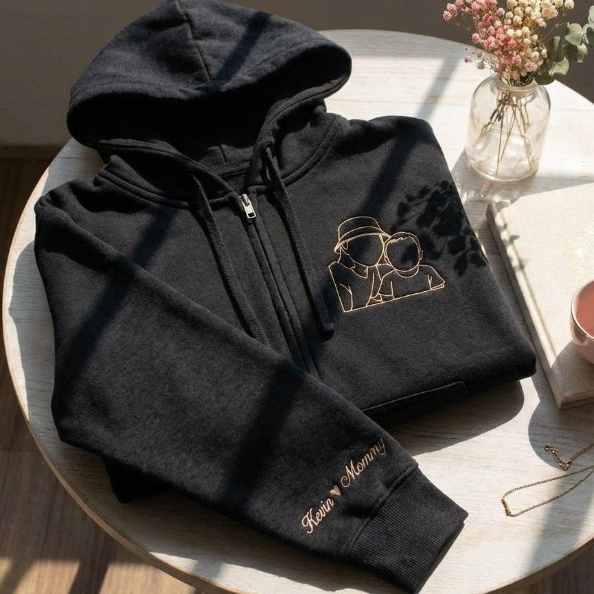 Áo hoodie thêu chủ đề tình cảm gia đình, tặng mẹ, thêu hình mẹ và con trai nhỏ kiểu nét vẽ tay tinh tế, được chọn kiểu áo