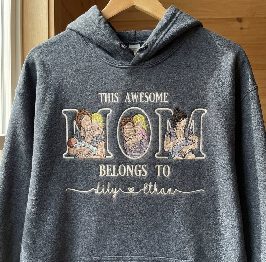 Áo hoodie thêu ảnh mẹ con, áo cổ vũ làm từ ảnh cá nhân hóa: thật tuyệt vời khi trở thành mẹ, tặng người mới làm mẹ, từ ảnh thật biến thành hình thêu độc đáo, được chọn kiểu áo
