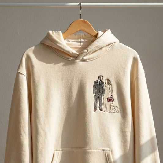 Áo hoodie thêu chân dung cặp đôi từ ảnh kỉ niệm ngày cưới, tặng bố mẹ dịp kỉ niệm hoặc sinh nhật, được chọn kiểu áo