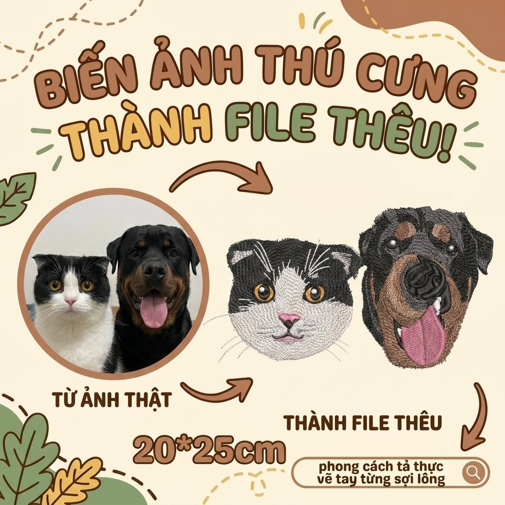 Thêu gảy sợi chi tiết tả thực gương mặt Cún cưng Vẽ tay từng sợi lông Chữ lớn cartoon theo yêu cầu