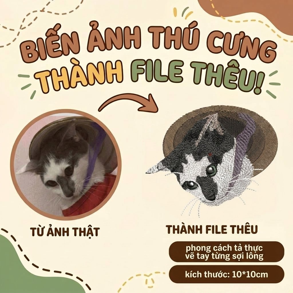 Thêu gảy sợi chi tiết tả thực gương mặt Mèo Vẽ tay hoạt họa gương mặt thái độ theo yêu cầu
