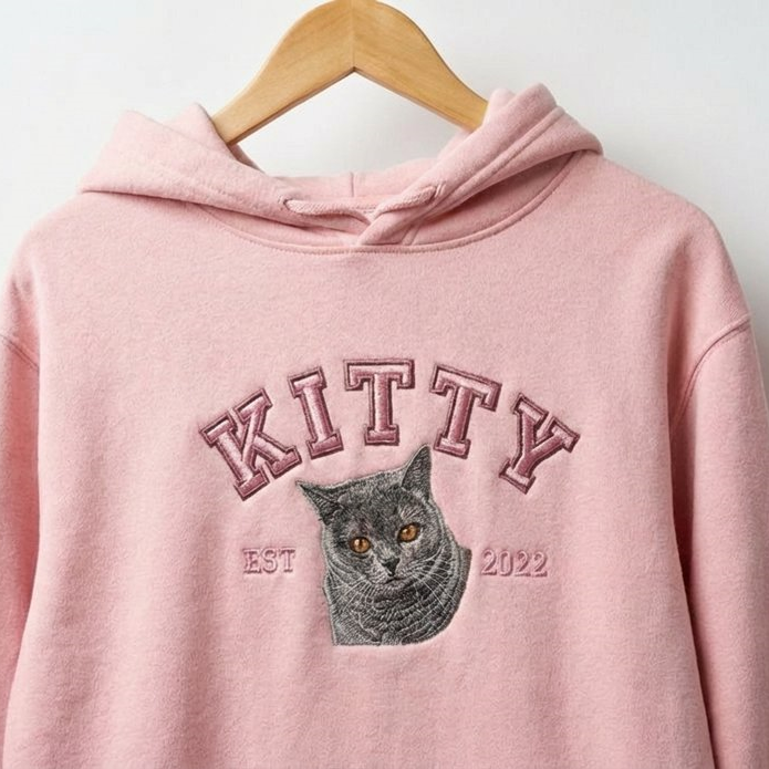 Áo hoodie thêu gương mặt mèo làm từ ảnh thật, quà cá nhân hóa tặng người yêu mèo, thêu gảy lông nghệ thuật y thật, được chọn kiểu áo