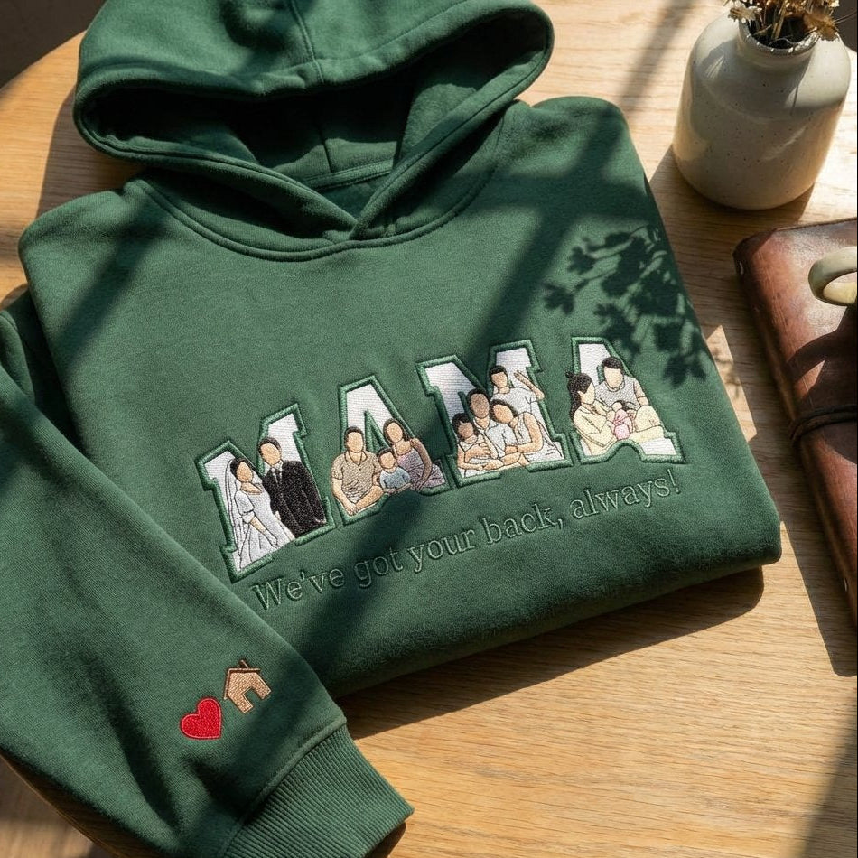 Áo hoodie thêu hình ảnh gia đình, làm từ nhiều ảnh thật bằng kĩ thuật thêu tinh tế, Mang tên con/ ngày cưới hoặc hình ảnh ý nghĩa trên tay áo, tặng mẹ hoặc tặng vợ mọi dịp, được chọn kiểu áo