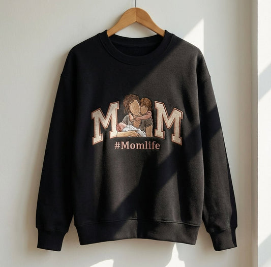 Áo nỉ cổ tròn thêu chữ MOM từ ảnh thật gia đình, quà tặng dành cho mẹ mới sinh, tri ân vợ, tùy chỉnh thiết kế chi tiết, được chọn kiểu áo