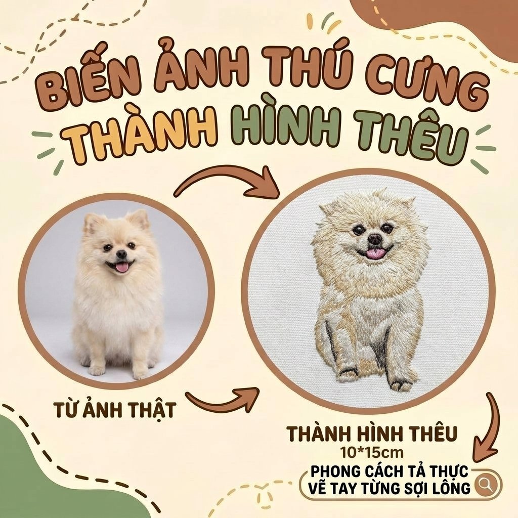 Thêu gảy sợi chi tiết tả thực toàn thân Cún cưng Vẽ tay chuyển màu lông theo yêu cầu