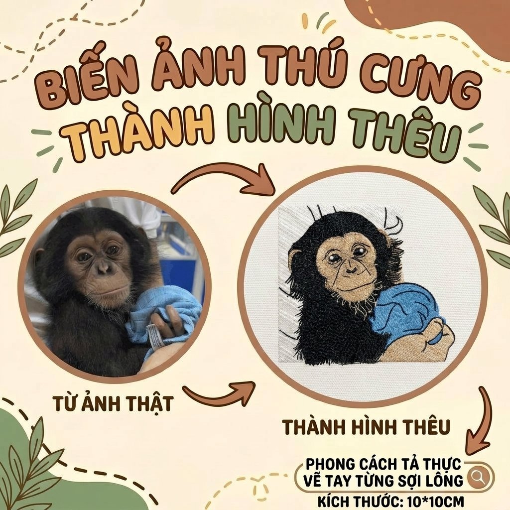 Thêu gảy sợi nhân hóa thú cưng từ ý tưởng khách hàng trên mọi chất liệu
