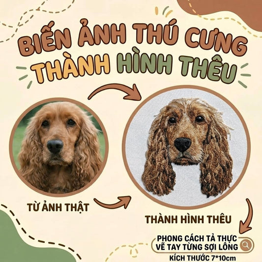 Thêu gảy sợi chi tiết tả thực gương mặt Cún cưng Vẽ tay từng sợi lông từ ảnh thật