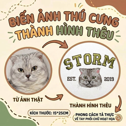 Thêu gảy sợi chi tiết tả thực gương mặt Mèo Vẽ tay từng sợi lông Chữ lớn cartoon từ ảnh thật