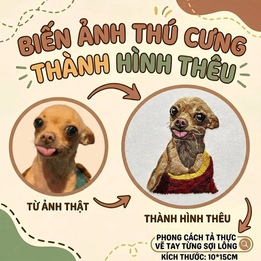 Thêu gảy sợi chi tiết tả thực toàn thân Cún cưng Vẽ tay diễn họa chi tiết nhỏ theo yêu cầu