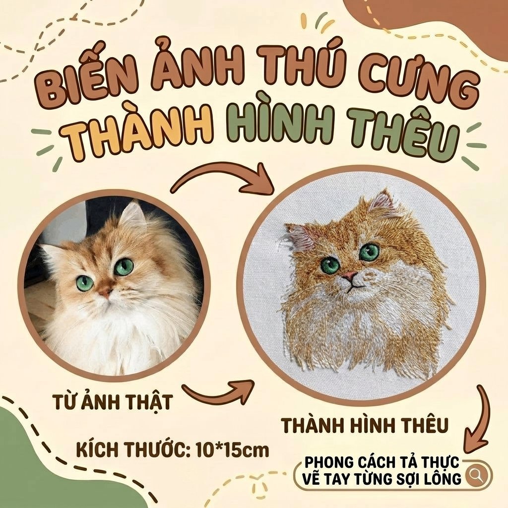 Thêu gảy sợi chi tiết tả thực gương mặt Mèo Vẽ tay chuyển màu lông bán chân dung theo hình ảnh thật