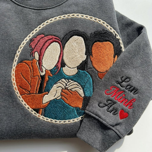 Áo sweater thêu nhóm bạn, tặng bạn thân chia xa, thêu tên các bạn trên tay áo, tùy chọn kiểu áo, thêu vẽ tay mảng màu