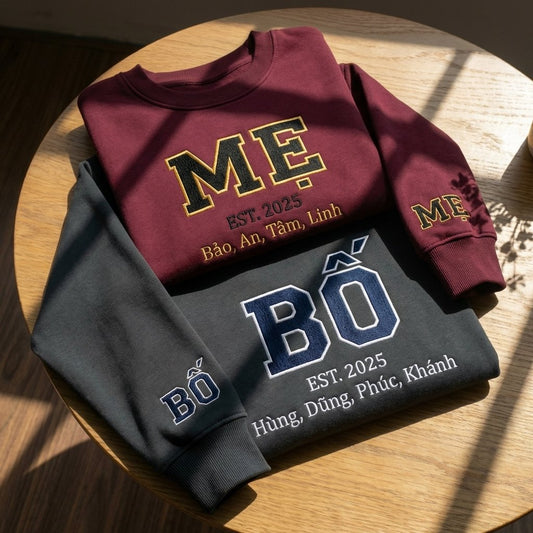 Áo sweater thêu chữ Mẹ và Bố, cá nhân hóa với tên con màu sắc nổi bật, tặng quà cho gia đình, lựa chọn màu sắc tùy chỉnh và được chọn kiểu áo