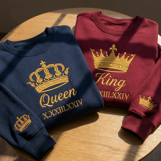 Áo sweater thêu vua và hoàng hậu kèm chân dung từ ảnh, quà đính hôn tặng cặp đôi, được chọn kiểu áo