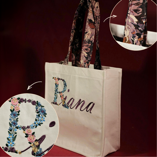 Túi tote thêu tên riêng, chữ lớn cách điệu phối cùng chữ trơn kích thước 35x38cm đựng được laptop 16 inch
