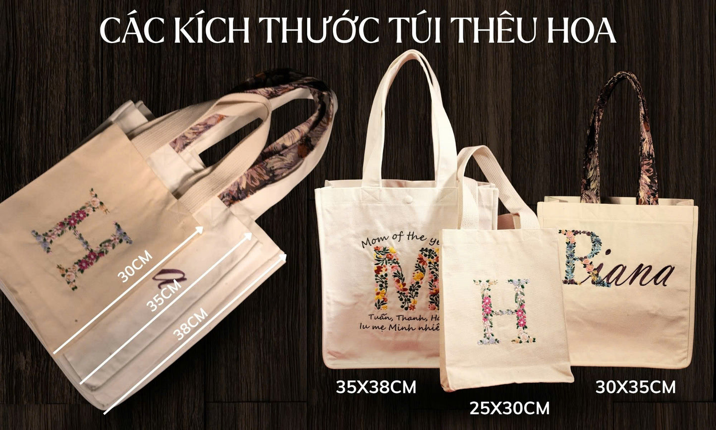 Túi tote thêu chữ Mama tặng mẹ kích thước 35x38cm đựng được laptop 16 inch
