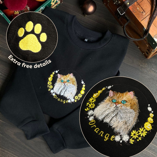 Mẫu thêu áo sweater thú cưng phối hoa chuyển thể từ ảnh trên áo nỉ đen, tặng hai hình thêu trên tay áo (Copy)