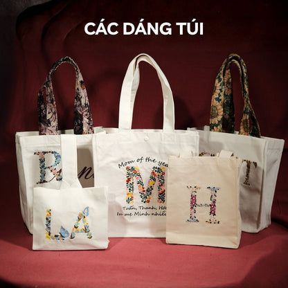 Tote thêu tên riêng phối hoa kích cỡ theo yêu cầu 1 chữ cái