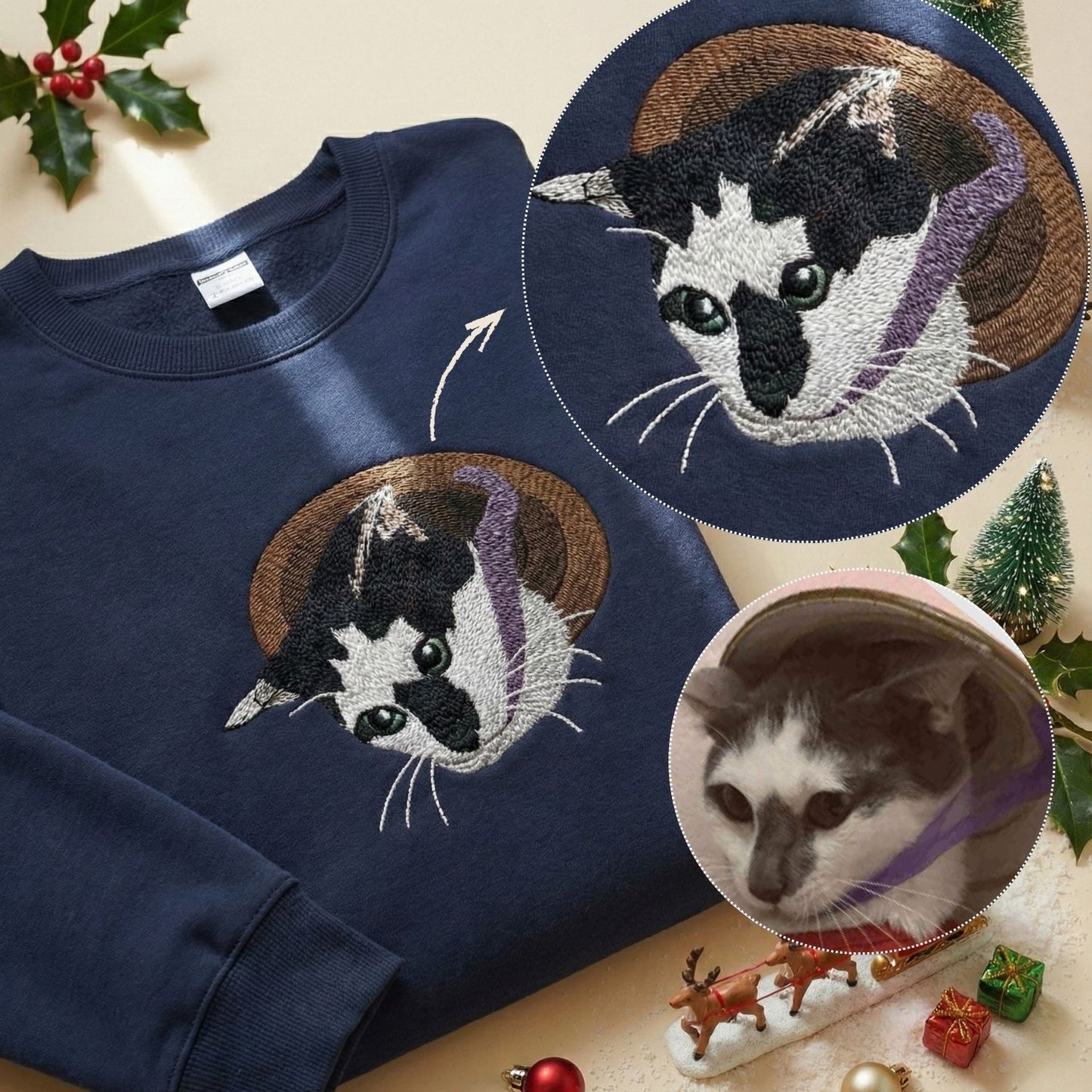 Hình thêu 1 mặt pet siêu chi tiết trên áo nỉ, tặng miễn phí tên/icon trên tay áo.