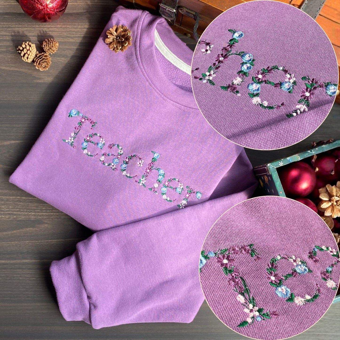 Mẫu thêu áo sweater chữ hoa Teacher trên áo nỉ tím, món quà dành cho người phụ nữ tuyệt vời nhất