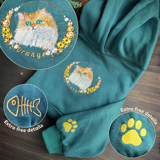 Mẫu thêu áo hoodie thú cưng phối hoa chuyển thể từ ảnh thật, tặng hai hình thêu trên tay áo