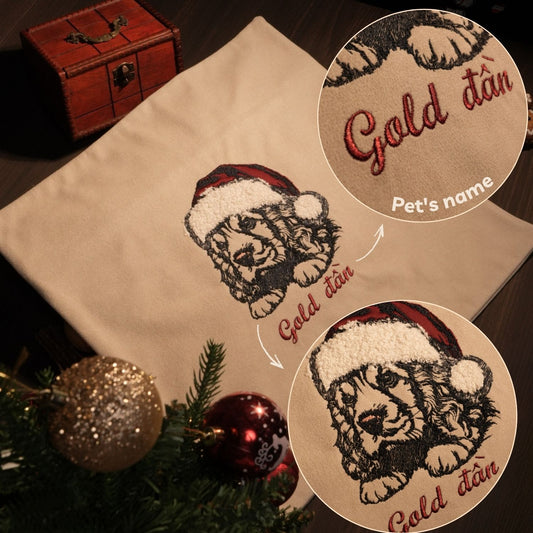 Mẫu thêu cún yêu giáng sinh chuyển thể từ ảnh phong cách line art trên vỏ gối kích thước 45x45cm, kèm tên cún