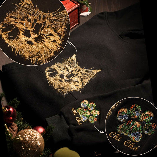 Mẫu thêu mèo cưng chi tiết chuyển thể từ ảnh phong cách line art trên áo Hoodie