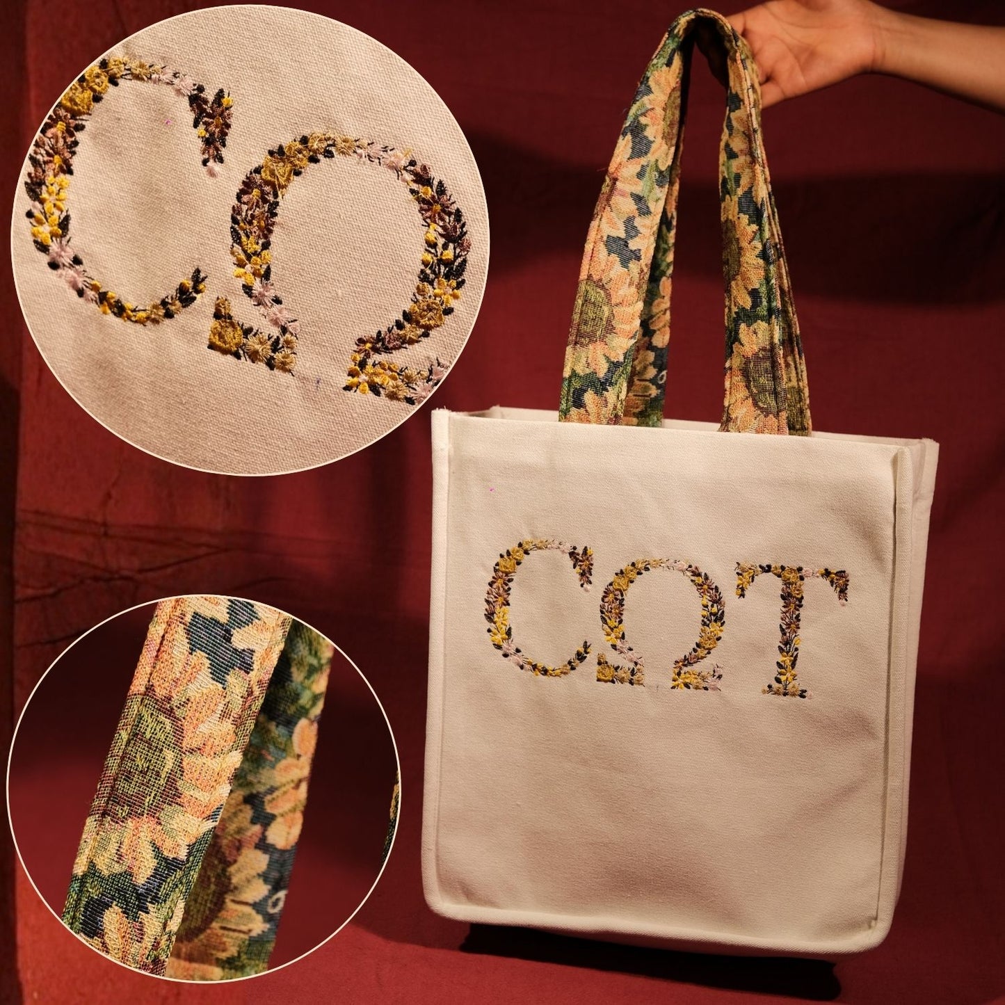 Túi tote thêu chữ cái và kí tự phối hoa, kích thước 35x38cm đựng được laptop 16 inch