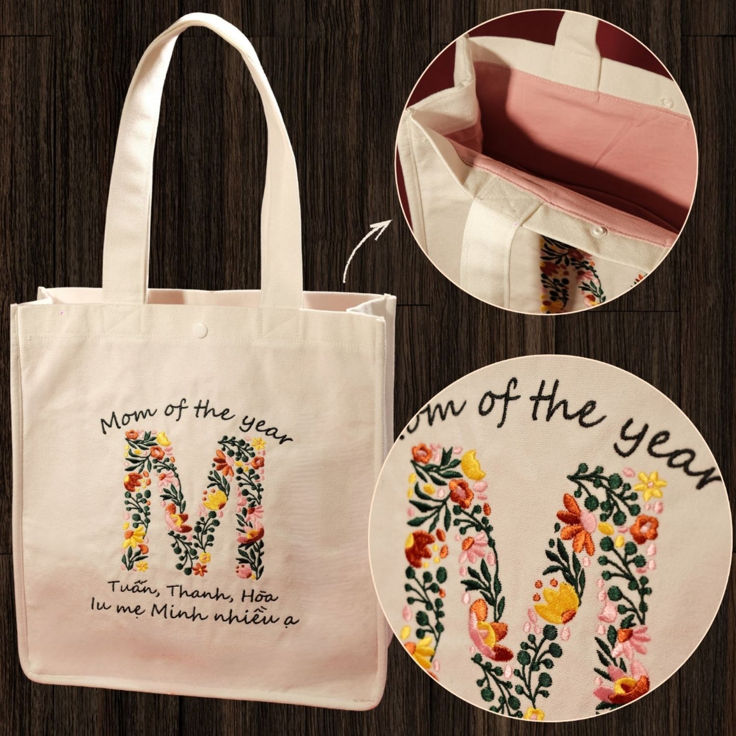 Túi tote thêu chữ Mama tặng mẹ kích thước 35x38cm đựng được laptop 16 inch