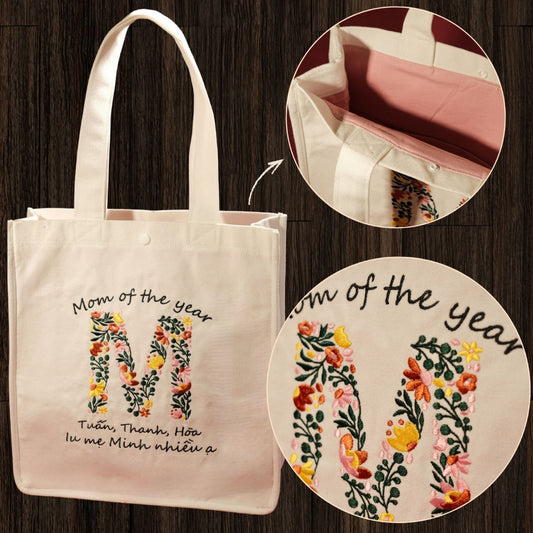 Túi tote thêu chữ Mama tặng mẹ kích thước 35x38cm đựng được laptop 16 inch