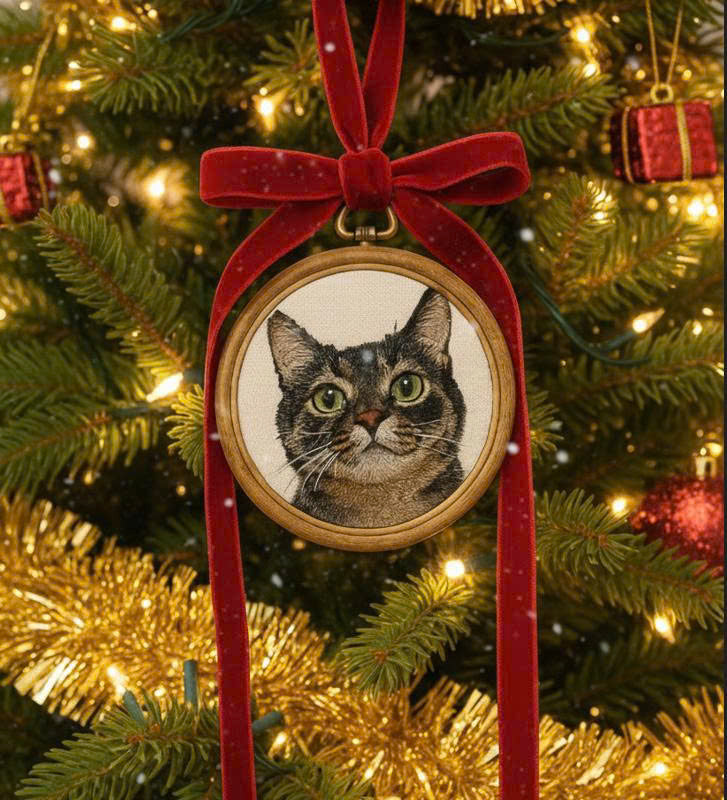 Hình thêu thú cưng trên khung treo phối phụ kiện, dùng để trang trí, làm quà lưu niệm.