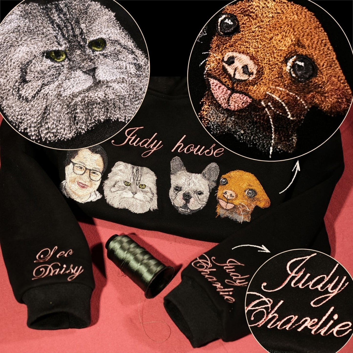 Mẫu thêu nhiều mặt thú cưng trên áo hoodie đen, tặng hai hình thêu tên cá nhân trên tay áo.