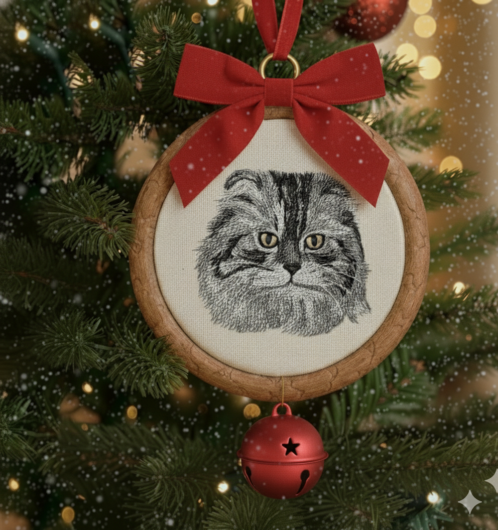 Hình thêu thú cưng trên khung treo phối phụ kiện, dùng để trang trí, làm quà lưu niệm.