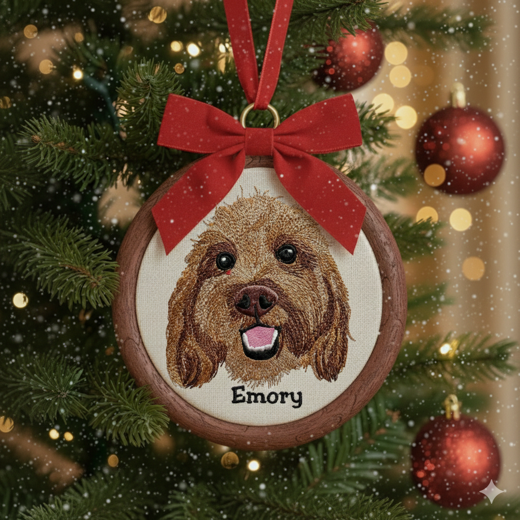 Hình thêu thú cưng trên khung treo phối phụ kiện, dùng để trang trí, làm quà lưu niệm.