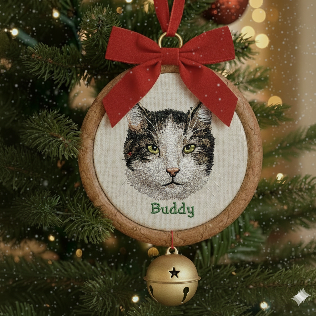 Hình thêu thú cưng trên khung treo phối phụ kiện, dùng để trang trí, làm quà lưu niệm.