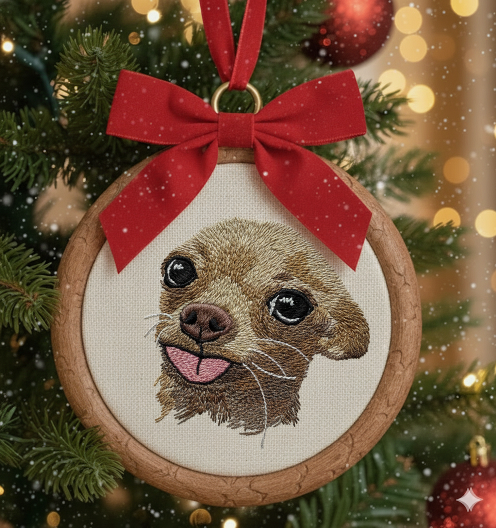 Hình thêu thú cưng trên khung treo phối phụ kiện, dùng để trang trí, làm quà lưu niệm.