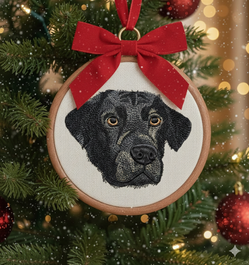 Hình thêu thú cưng trên khung treo phối phụ kiện, dùng để trang trí, làm quà lưu niệm.