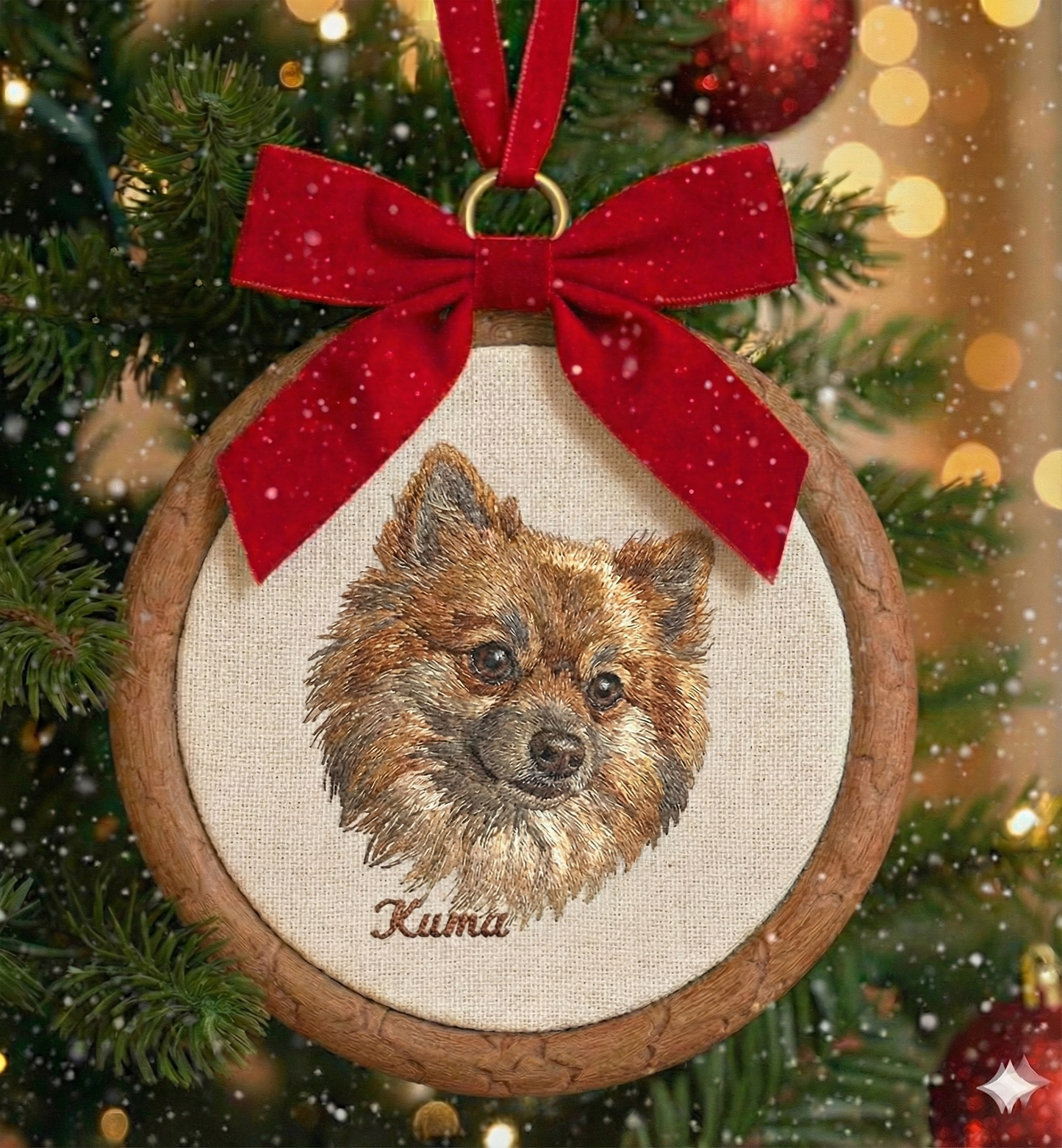 Hình thêu thú cưng trên khung treo phối phụ kiện, dùng để trang trí, làm quà lưu niệm.