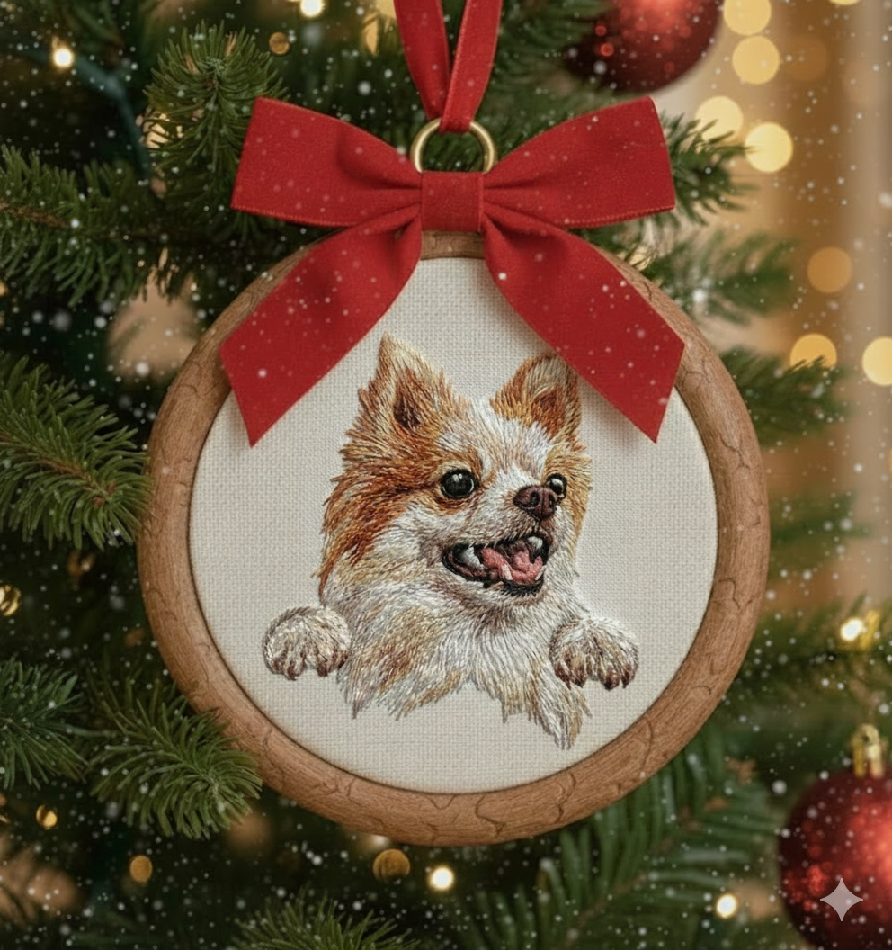 Hình thêu thú cưng trên khung treo phối phụ kiện, dùng để trang trí, làm quà lưu niệm.