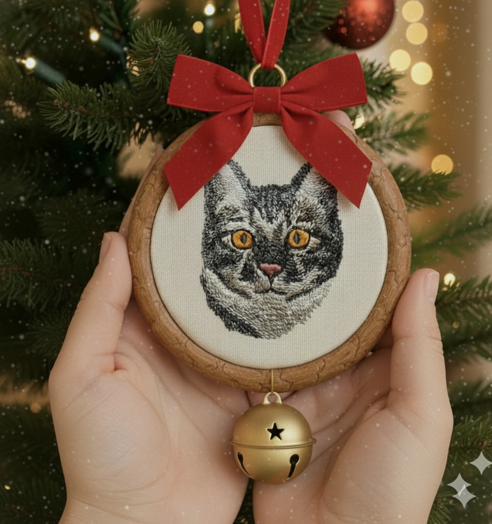 Hình thêu thú cưng trên khung treo phối phụ kiện, dùng để trang trí, làm quà lưu niệm.