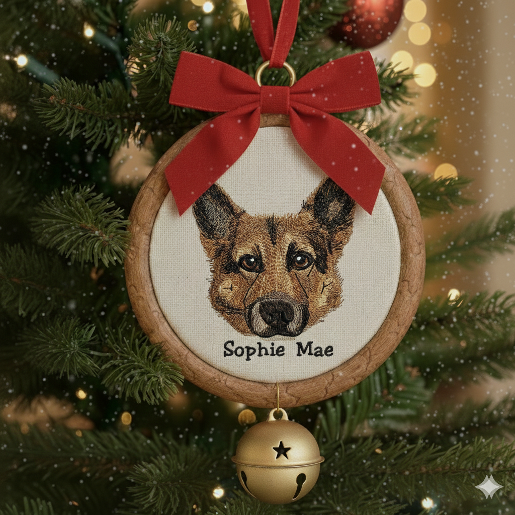 Hình thêu thú cưng trên khung treo phối phụ kiện, dùng để trang trí, làm quà lưu niệm.