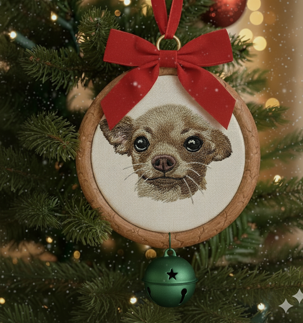 Hình thêu thú cưng trên khung treo phối phụ kiện, dùng để trang trí, làm quà lưu niệm.