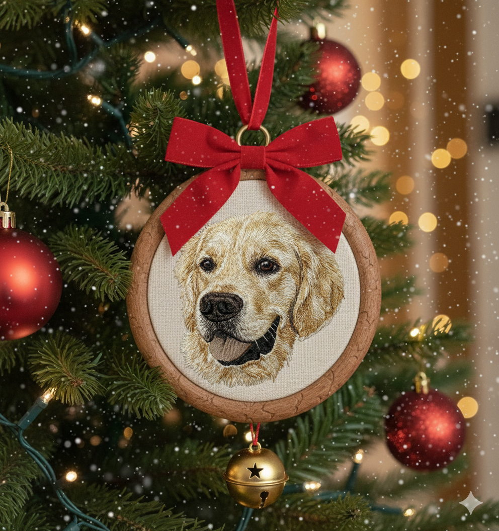 Hình thêu thú cưng trên khung treo phối phụ kiện, dùng để trang trí, làm quà lưu niệm.