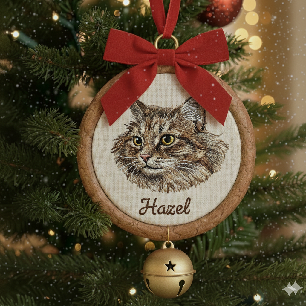 Hình thêu thú cưng trên khung treo phối phụ kiện, dùng để trang trí, làm quà lưu niệm.