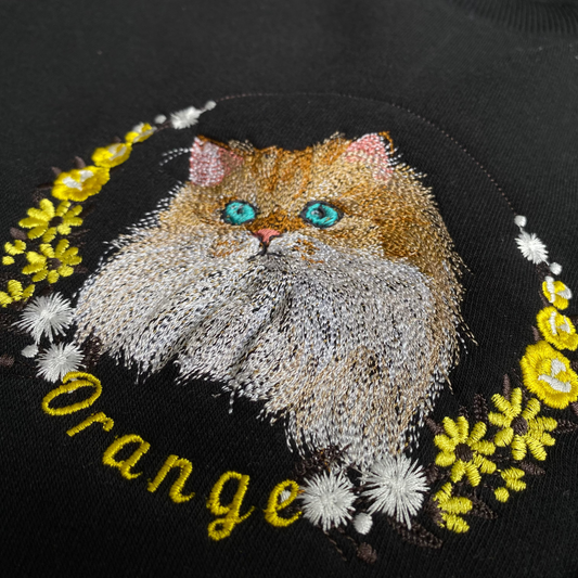 Mẫu thêu áo sweater thú cưng phối hoa chuyển thể từ ảnh trên áo nỉ đen, tặng hai hình thêu trên tay áo (Copy)