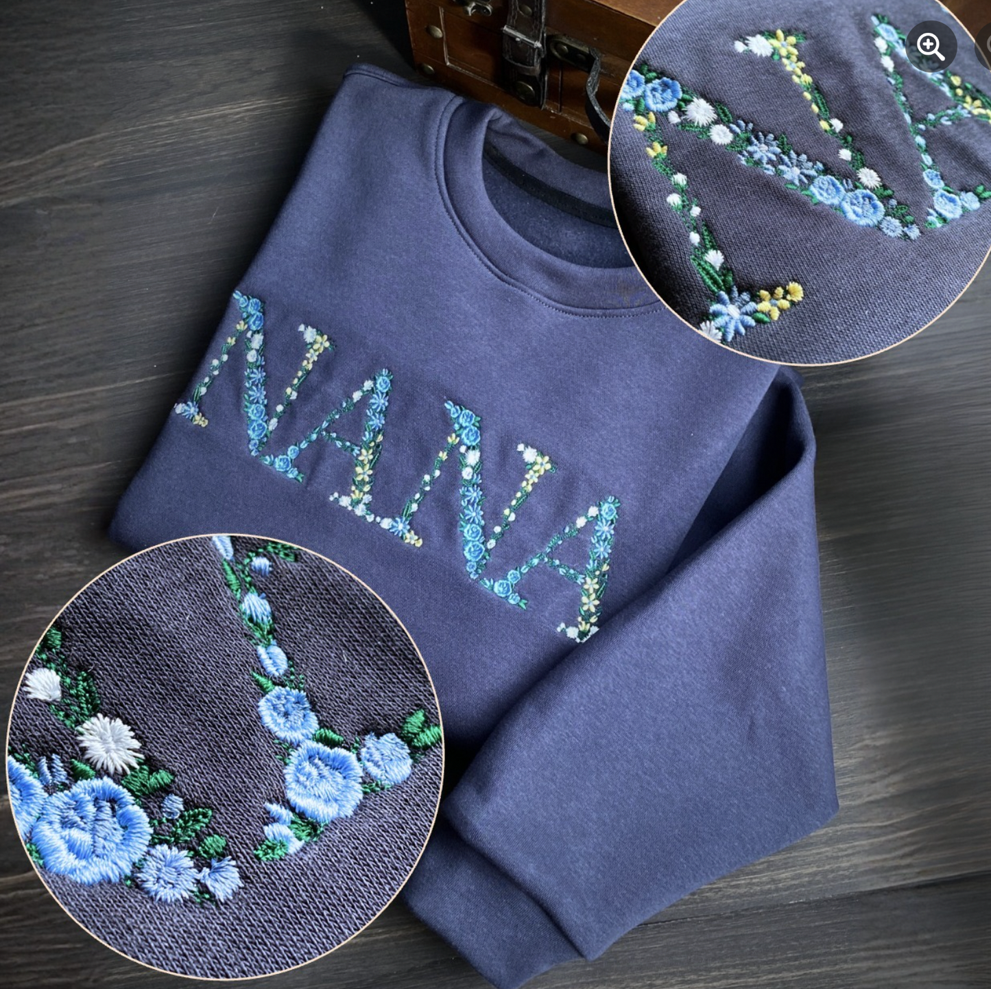 Mẫu thêu áo sweater chữ hoa NANA trên áo nỉ xanh navy, món quà ý nghĩa dành cho người phụ nữ tuyệt vời nhất
