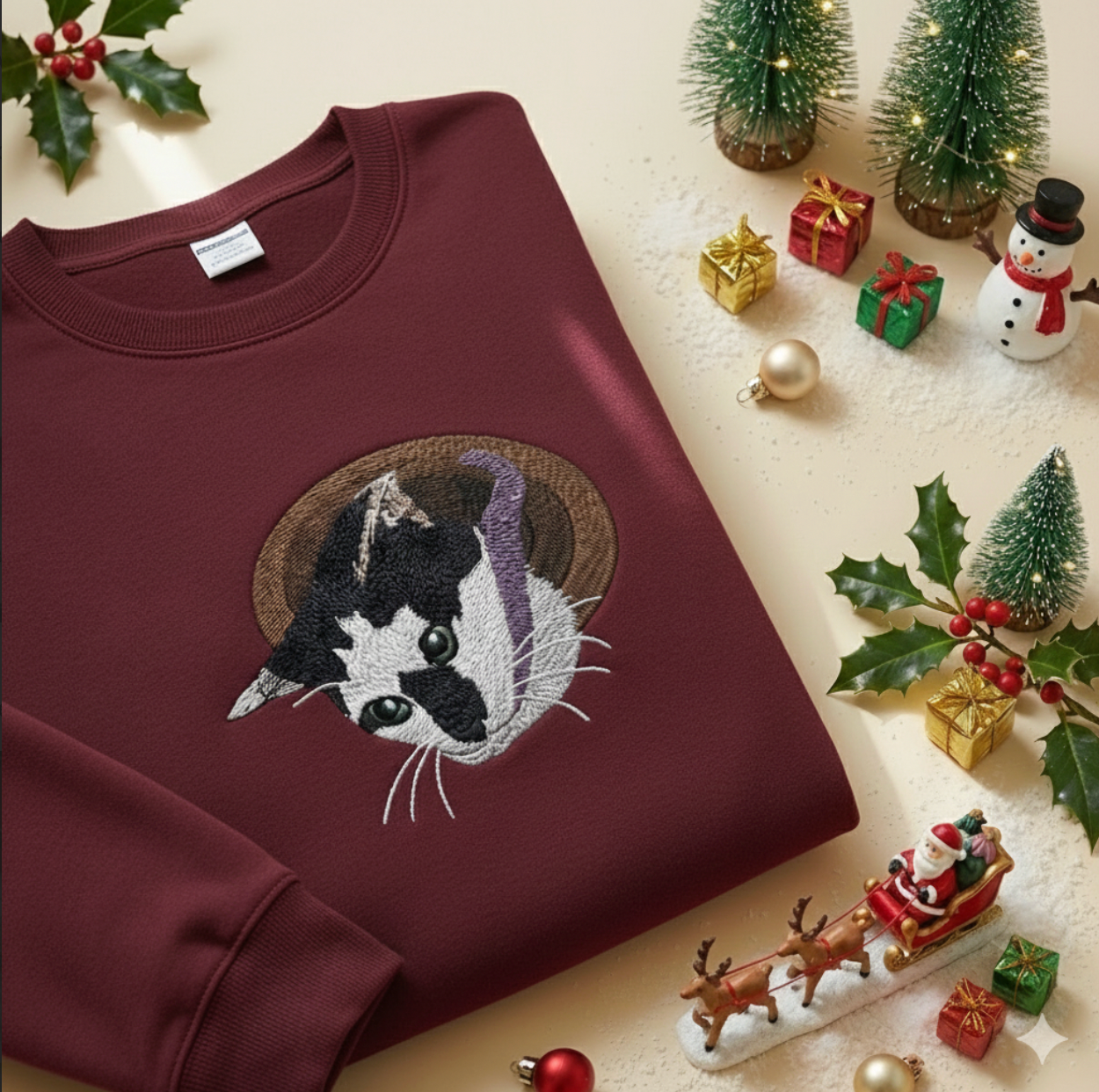 Hình thêu 1 mặt pet siêu chi tiết trên áo nỉ, tặng miễn phí tên/icon trên tay áo.